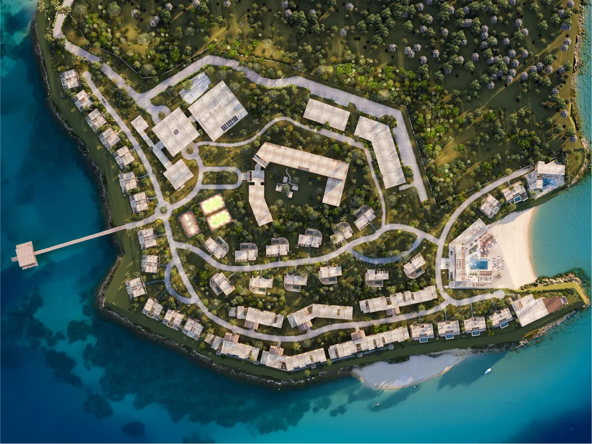 Aerial master plan of an island resort with villas along the shoreline