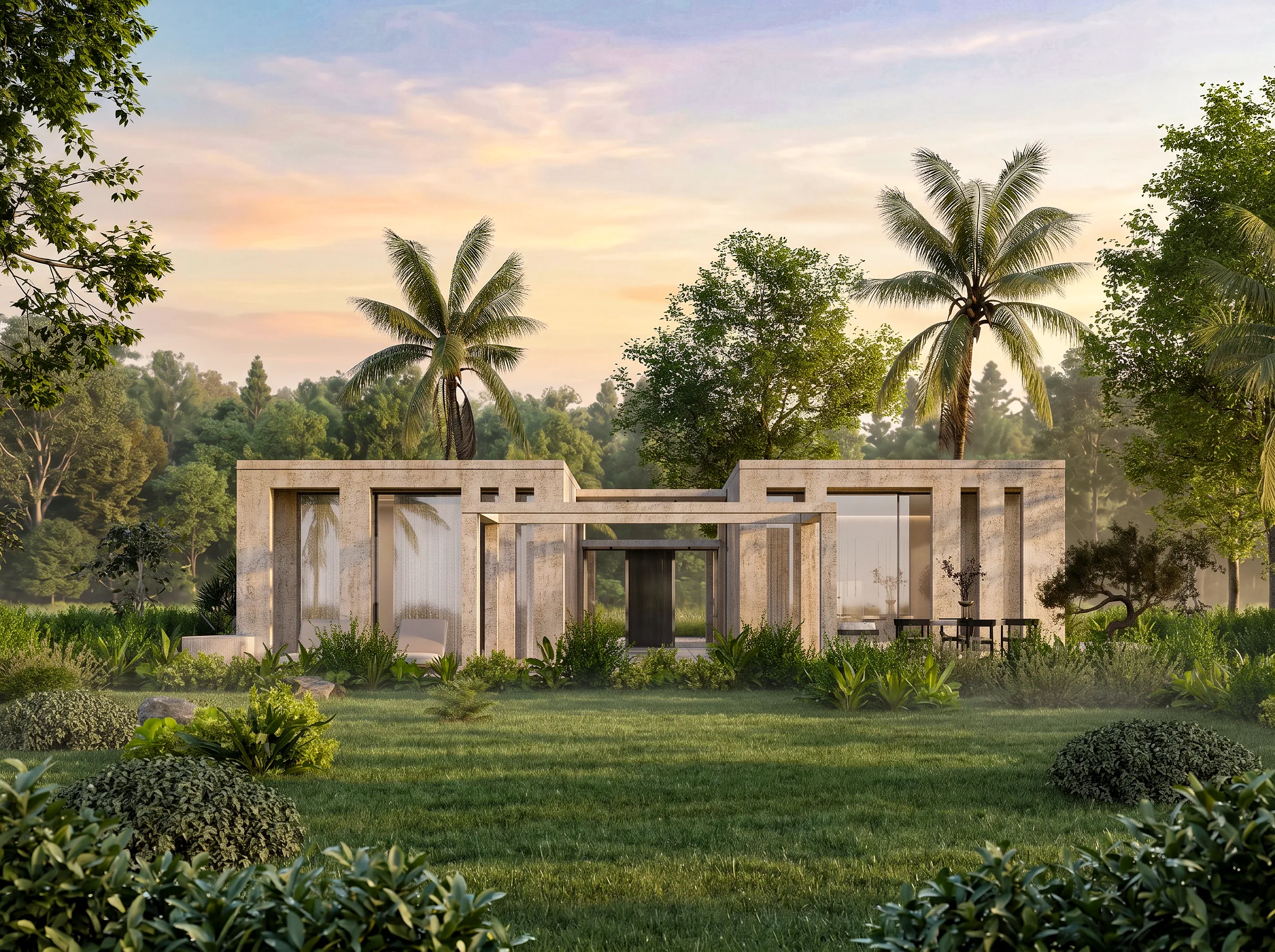 Garden pavilion with stone columns surrounded by palms